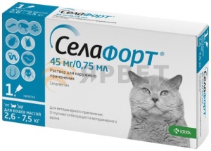 Селафорт 45мг 0,75мл д/кошек 2,6-7,5 кг. 1 пипетка Селафорт 45мг 0,75мл д/кошек 2,6-7,5 кг. 1 пипетка