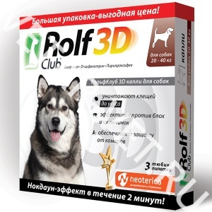 Капли от блох и клещей 3D РольфКлуб д/c 20-40 кг 3 шт Капли от блох и клещей 3D РольфКлуб д/c 20-40 кг 3 шт
